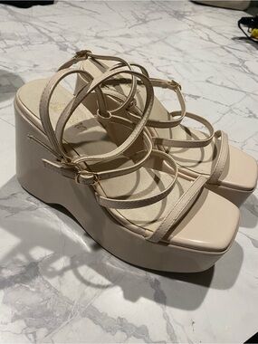Beige Strappy Platform Wedge Sandals - Women's